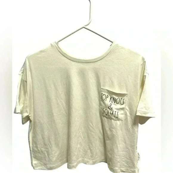 Rae Dunn top knots and squats cream colored graphic crop top - Picture 1 of 4